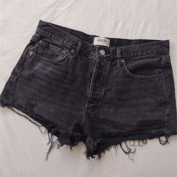 Agolde Parker Shorts 29 Washed Black Fray Rigid Denim Distressed Short Cutoffs - Picture 10 of 10